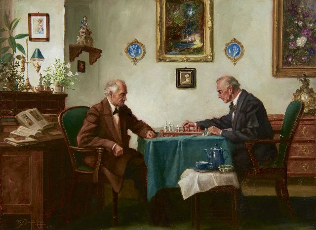 Curt Bruckner | De wekelijkse schaakpartij, olieverf op schildersboard, 30,0 x 40,0 cm, gesigneerd l.o. en gedateerd '54