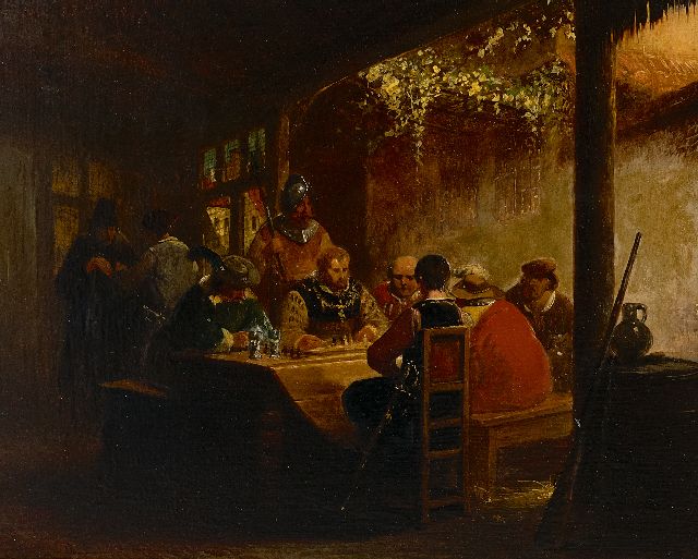 Henri Leys | Karel V verdiept in een schaakpartij, olieverf op paneel, 27,7 x 34,1 cm, gesigneerd l.o. met monogram en gedateerd 1839