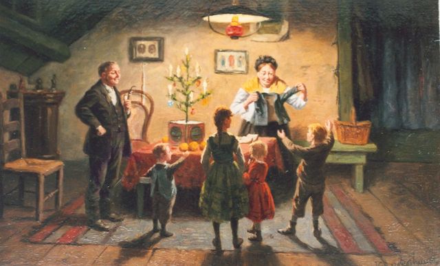 Johan Georg Gerstenhauer Zimmerman | Het kerstfeest met cadeautjes, olieverf op paneel, 20,4 x 32,0 cm, gesigneerd r.o.