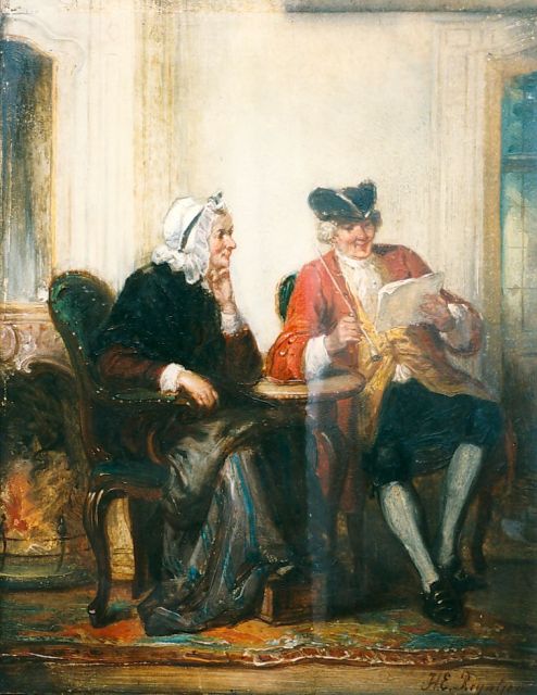 Henricus Engelbertus Reijntjens | 't Goede nieuws, olieverf op paneel, 19,3 x 15,4 cm, gesigneerd r.o.