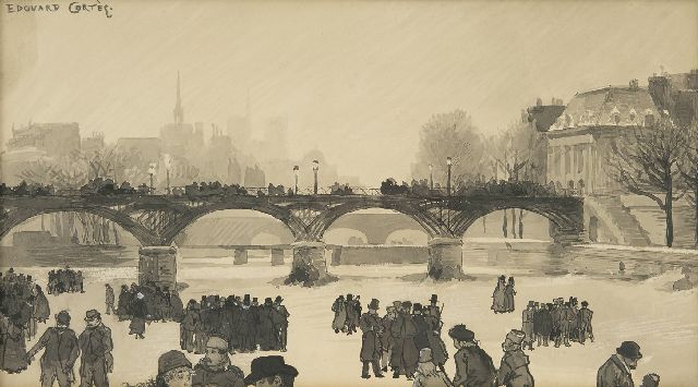 Edouard Cortes | Schaatsers op de Seine, Parijs, inkt op papier, 17,1 x 30,8 cm, gesigneerd l.b.