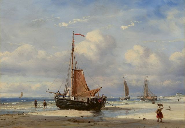 Petrus Paulus Schiedges | Pinken op het strand van Scheveningen, olieverf op paneel, 24,0 x 35,2 cm, gesigneerd l.o.