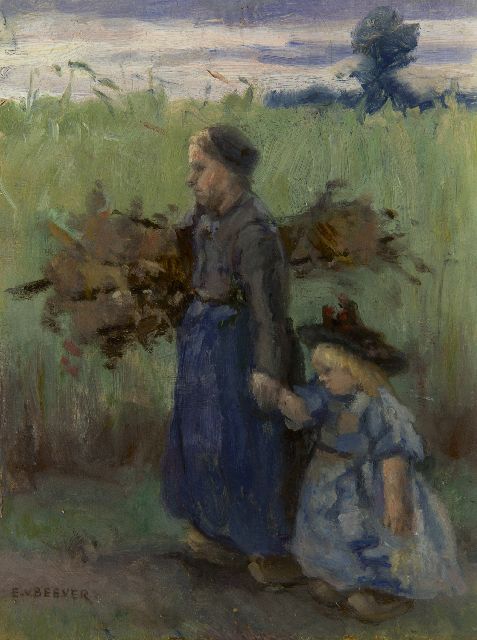 'Emanuël' Samson van Beever | Huiswaarts door het korenveld, olieverf op paneel, 17,9 x 13,7 cm, gesigneerd l.o.