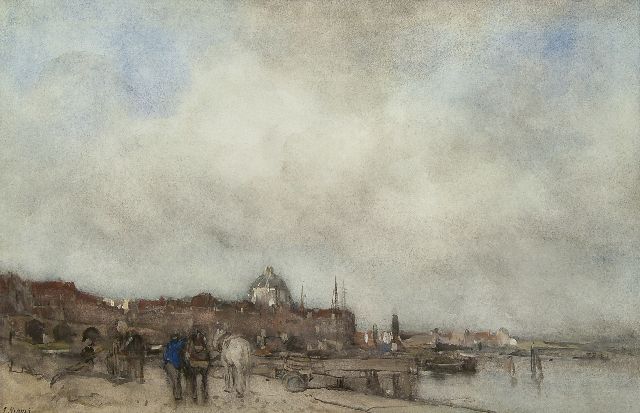 Jacob Maris | Stad met koepelkerk, aquarel op papier, 34,5 x 53,5 cm, gesigneerd l.o.