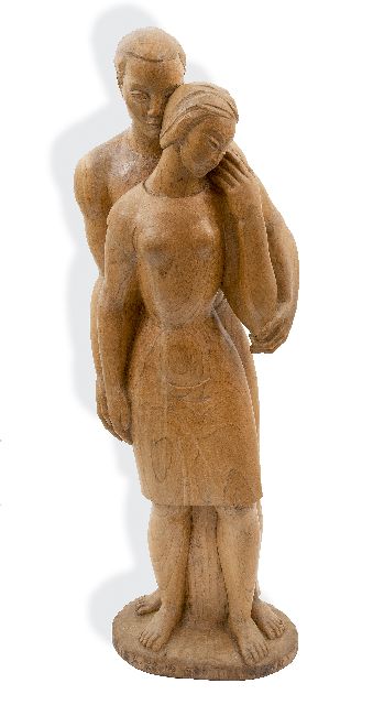 Onbekend | Een staande vrouw met achter haar een man, hout, 82,0 cm