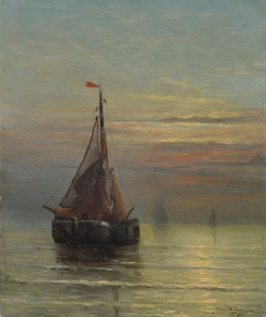 Jacob Willem Gruijter | Bomschuiten voor de Hollandse kust bij zonsondergang, olieverf op doek, 50,0 x 40,0 cm, gesigneerd r.o.