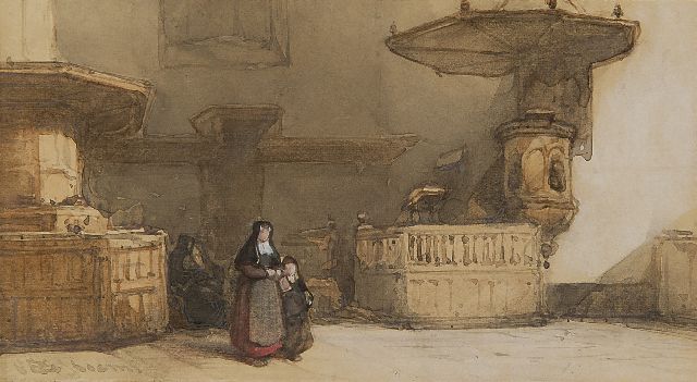 Johannes Bosboom | Hollands kerkinterieur (mogelijk Enkhuizen), aquarel op papier, 7,4 x 13,3 cm, gesigneerd l.o.