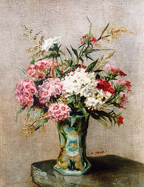 Sara Hense | Bloemstilleven, olieverf op doek op paneel, 40,7 x 32,0 cm, gesigneerd r.b.