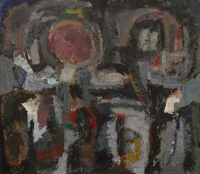 Ad Snijders | Figuren in landschap, olieverf op board, 107,4 x 122,3 cm, gesigneerd l.o. met initialen en verso voluit en gedateerd '60
