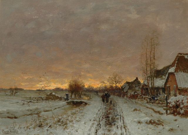 Louis Apol | Besneeuwd dorpspad bij ondergaande zon, olieverf op doek, 49,2 x 66,8 cm, gesigneerd l.o.