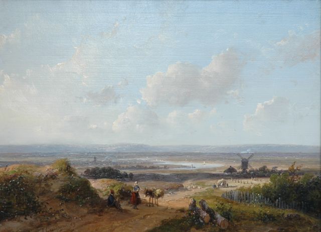Andreas Schelfhout | Panoramisch rivierlandschap met rustend paar op landweg, olieverf op paneel, 21,6 x 29,2 cm, gesigneerd l.o. en gedateerd '59