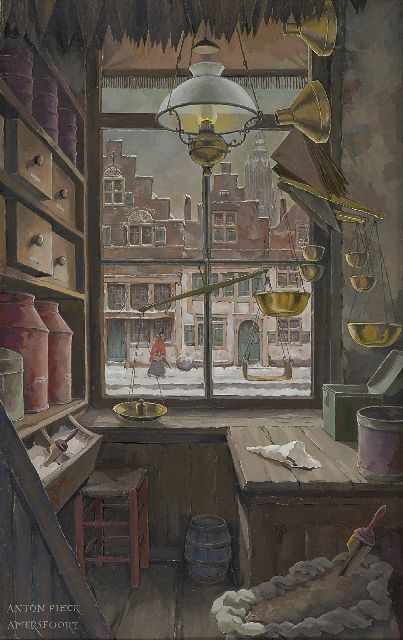 Anton Pieck | Kruidenierswinkeltje aan 't Havik, Amersfoort, olieverf op doek, 47,0 x 31,0 cm, gesigneerd l.o. en te dateren ca. 1986