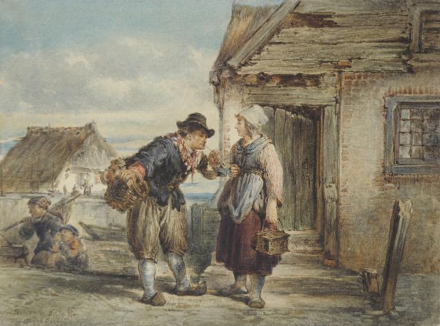 Herman ten Kate | Visserspaar op Marken, aquarel op papier, 14,0 x 19,0 cm, gesigneerd l.o. en gedateerd 1867
