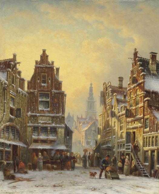 Johannes Franciscus Spohler | Winters stadsgezicht met de Amsterdamse Zuiderkerkstoren, olieverf op paneel, 26,2 x 21,5 cm, gesigneerd l.o.