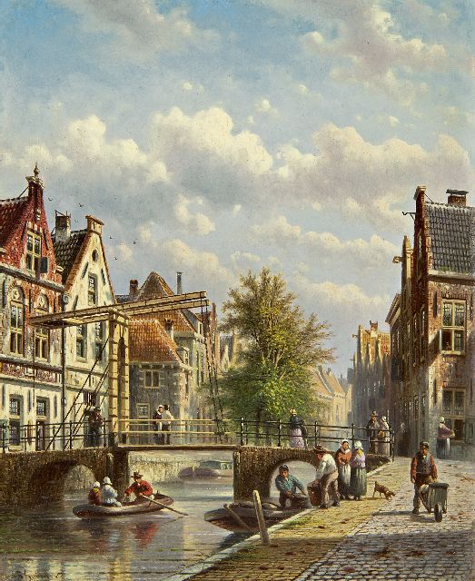 Johannes Franciscus Spohler | Drukbevolkt stadsgezicht met gracht (pendant van 16021), olieverf op paneel, 26,3 x 21,3 cm, gesigneerd l.o.