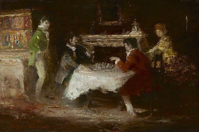 Rolf Dieter Meyer-Wiegand | De schaakpartij, olieverf op paneel, 20,2 x 30,2 cm, gesigneerd l.o.