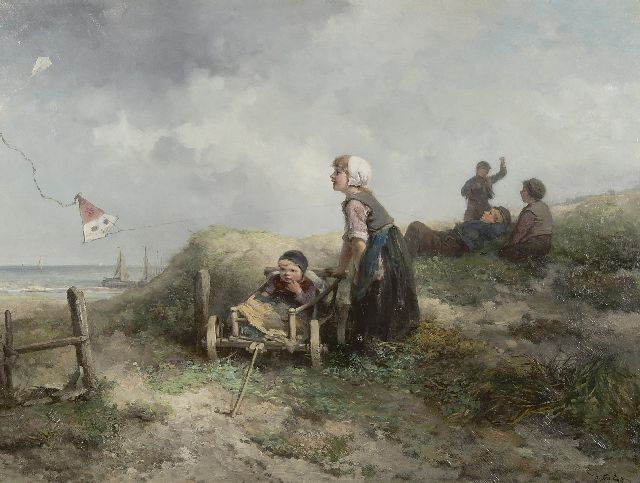 Mari ten Kate | Vliegeren in de duinen, olieverf op doek, 60,2 x 79,7 cm, gesigneerd r.o.
