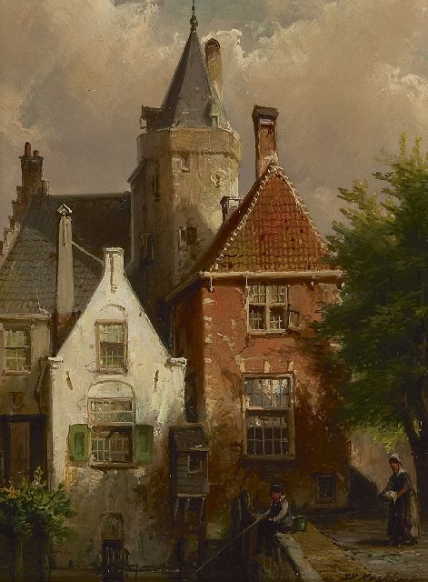 Willem Koekkoek | Hengelaar bij de Amersfoortse Kamperbinnenpoort, olieverf op paneel, 21,0 x 15,5 cm, gesigneerd r.o.