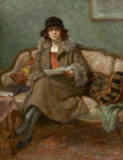 Henri Heijligers | Lezende vrouw op een sofa, olieverf op doek, 45,1 x 35,5 cm, gesigneerd r.o.