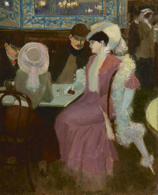 Auguste Leymarie | Brasserie met elegante figuren, olieverf op doek, 41,0 x 33,0 cm, gesigneerd l.o. en gedateerd '08