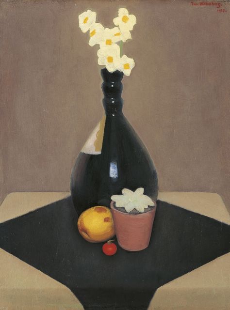 Jan Wittenberg | Stilleven van fles - door Jac. Jongert - met narcissen, olieverf op paneel, 38,2 x 29,9 cm, gesigneerd r.b. en gedateerd 1925