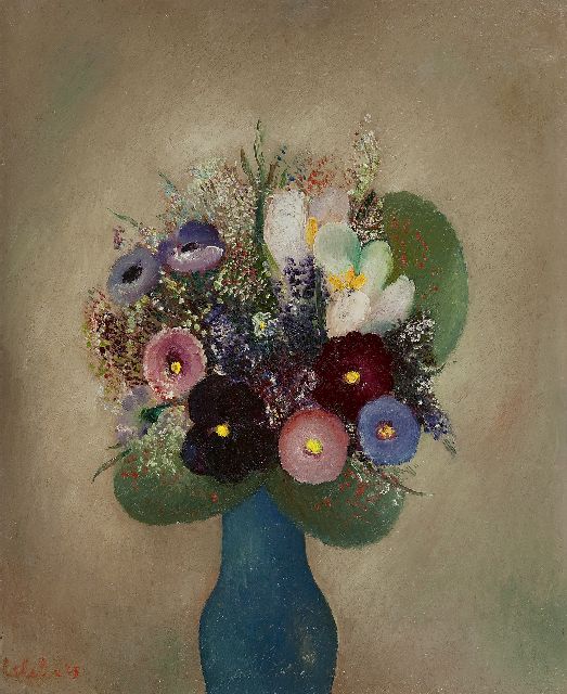 Ferry Slebe | Bloemen in een blauwe vaas, olieverf op board, 50,0 x 40,0 cm, gesigneerd l.o. en gedateerd '43, zonder lijst