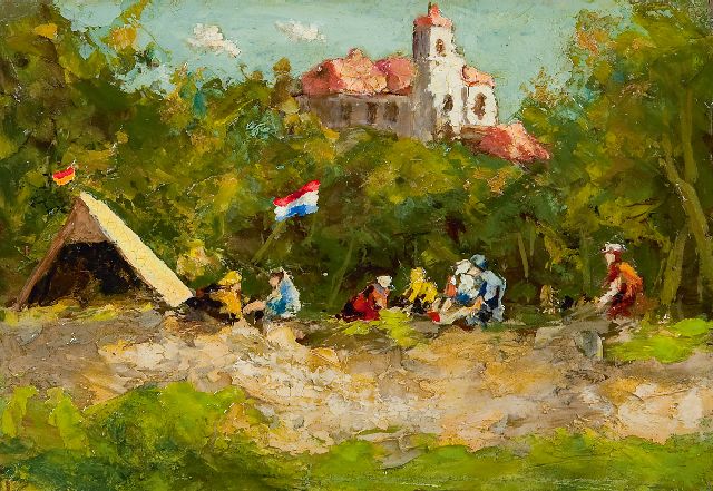 Piet Zwiers | Kamperen, olieverf op board, 12,0 x 17,5 cm