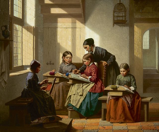 Carel Jozeph Grips | De kantklosles, olieverf op paneel, 28,6 x 35,1 cm, gesigneerd r.o. en gedateerd 1861