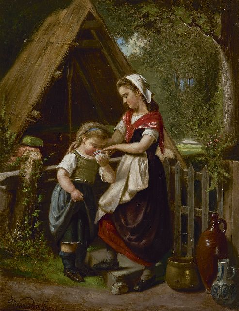 Jan Varenbergh | Bij het melkhuisje, olieverf op paneel, 30,9 x 23,6 cm, gesigneerd l.o.
