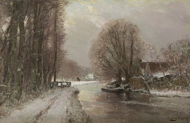 Louis Apol | Besneeuwde vaart, olieverf op paneel, 27,7 x 42,1 cm, gesigneerd r.o.