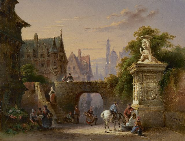Grootveld J.D.G.  | Stadsgezicht met figuren bij een waterpomp, olieverf op doek 27,3 x 35,9 cm, gesigneerd r.o. en gedateerd 1852