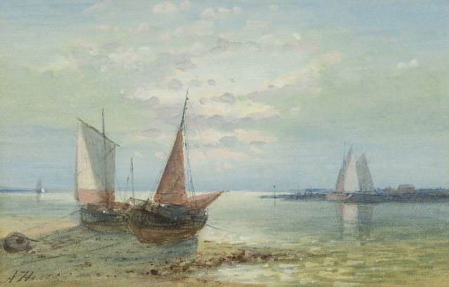 Abraham Hulk | Schepen op het strand bij eb, aquarel op papier, 12,6 x 19,9 cm, gesigneerd r.o.