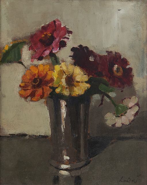 Lucie van Dam van Isselt | Zinnia's, olieverf op paneel, 27,0 x 21,5 cm, gesigneerd r.o.
