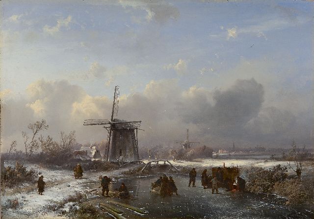 Pieter Kluyver | Winterlandschap met schaatsers en koek-en-zopie, olieverf op paneel, 32,4 x 46,0 cm, gesigneerd l.o. 'Kluyver' en 'S.L.V. fig.' en te dateren ca. 1850-1855