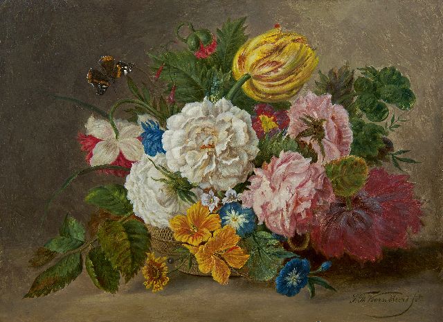 Sebastiaan Theodorus Voorn Boers | Bloemstilleven in mand, olieverf op paneel, 29,1 x 39,1 cm, gesigneerd r.o.