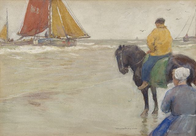 Willy Sluiter | De terugkeer van de 'Katwijk 8', aquarel op papier, 29,9 x 42,9 cm, gesigneerd r.o.