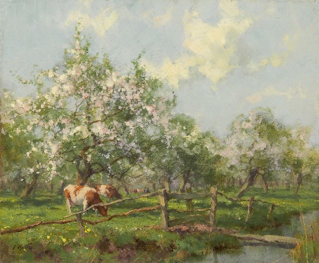 Jan Holtrup | Bloeiende boomgaard bij Bunnik, olieverf op paneel, 19,4 x 23,1 cm, gesigneerd l.o.