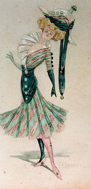 Frederik Hendrik Kaemmerer | De laatste mode, aquarel op papier, 25,0 x 12,5 cm, gesigneerd r.o.