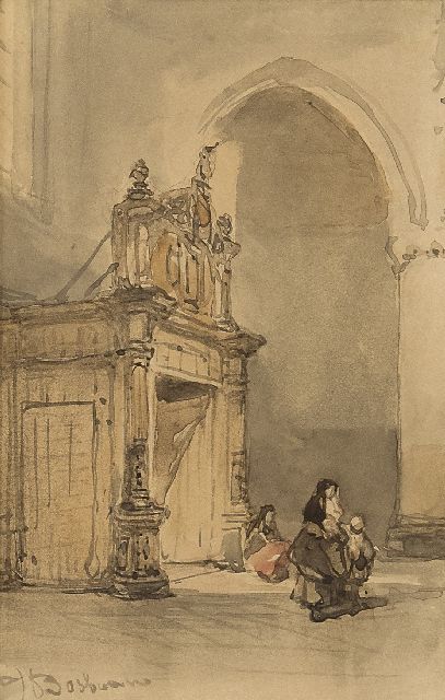Johannes Bosboom | Hollands kerkinterieur (mogelijk de Noorderkerk, Hoorn), aquarel op papier, 13,0 x 8,3 cm, gesigneerd l.o.