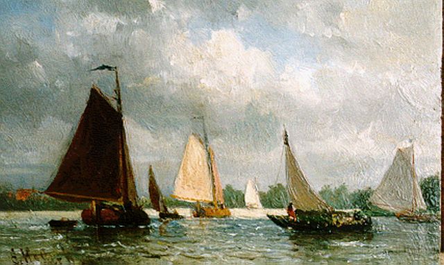 Everhardus Koster | Zeilboten voor de kust, olieverf op paneel, 10,8 x 16,9 cm, gesigneerd l.o.