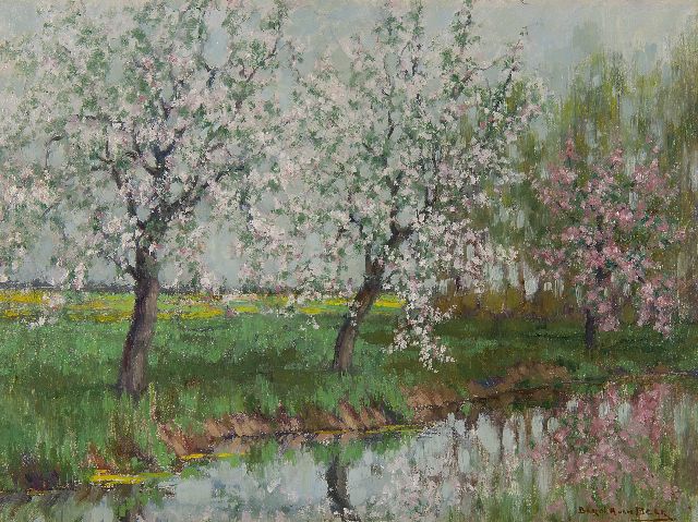 Bernard van Beek | Bloesembomen langs het water, olieverf op schildersboard, 30,5 x 40,4 cm, gesigneerd r.o.