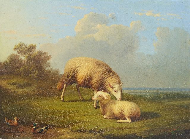 Frans van Severdonck | Ooi en lam in een landschap, olieverf op paneel, 17,6 x 23,9 cm, gesigneerd l.o. en gedateerd 1865, zonder lijst