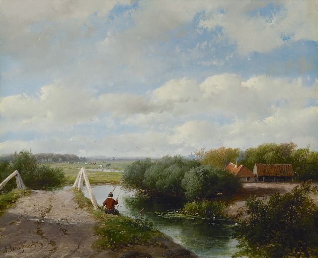 Andreas Schelfhout | Zomerlandschap met hengelaar, bij Haarlem, olieverf op paneel, 19,5 x 24,1 cm, gesigneerd l.o. en gedateerd '59