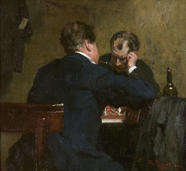 Pieter Oyens | De schaakspelers, olieverf op paneel, 29,8 x 32,6 cm, gesigneerd r.o. en gedateerd '76