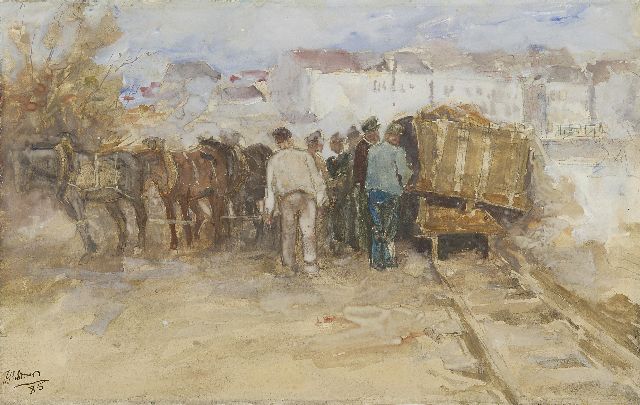 Jan Toorop | Figuren bij kiepwagon in de Antwerpse haven, aquarel op papier, 29,2 x 46,7 cm, gesigneerd l.o. en gedateerd '85