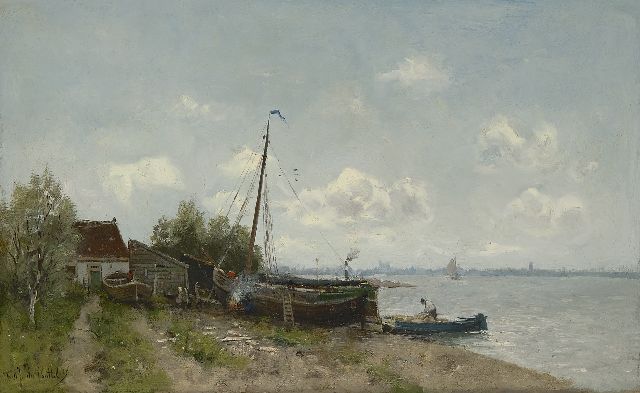 Fredericus Jacobus van Rossum du Chattel | Werfje langs een rivier, olieverf op doek, 39,4 x 63,7 cm, gesigneerd l.o.