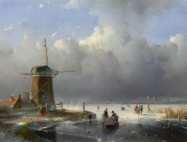 Adriaan Vrolijk | Winterlandschap met schaatsers bij een molen, olieverf op paneel, 27,1 x 36,0 cm, gesigneerd r.o.
