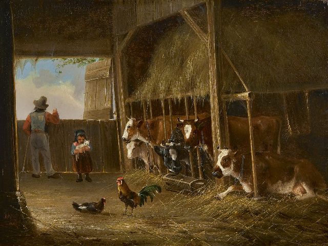 August Knip | In de koestal, olieverf op paneel, 23,7 x 31,3 cm, gesigneerd l.o. en gedateerd 1847
