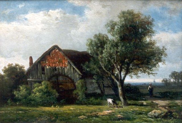 Willem Roelofs | Watermolen, olieverf op paneel, 17,7 x 25,8 cm, gesigneerd l.o.