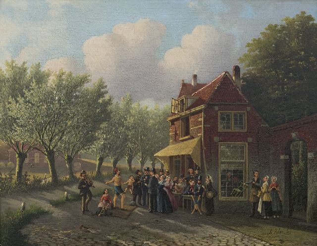 Joseph Bles | Goochelaar voor een dorpsherberg, olieverf op paneel, 20,6 x 26,2 cm, gesigneerd r.o.